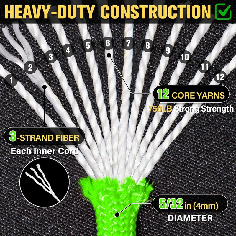 Paracord Rope 750 lb - 100ft Heavy Duty 12-Strand Parachute Cord | Neon Green for Camping, Survival Gear
