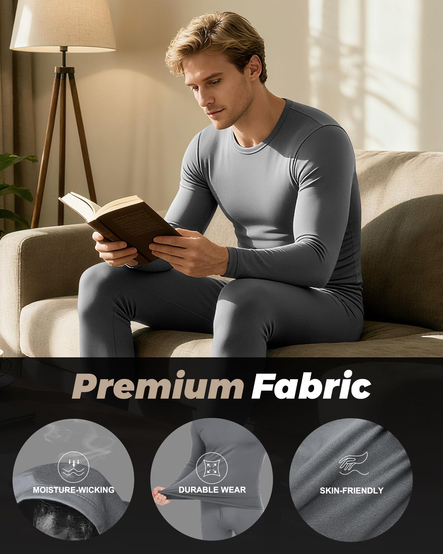 WEERTI Thermal Underwear for Men Long Johns with Fleece Lined Base Layer Men Cold Weather Top Bottom-Grey L