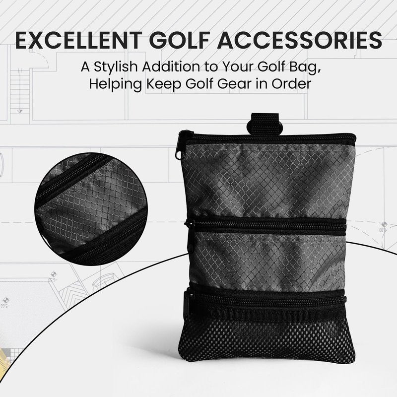 FINGER TEN Golf Pouch Bag for Valuables Tee Color with 4 Golf Pencil Pack, Zippered Pocket Gear Clip Hook to Bag (Black Pouch Bag)