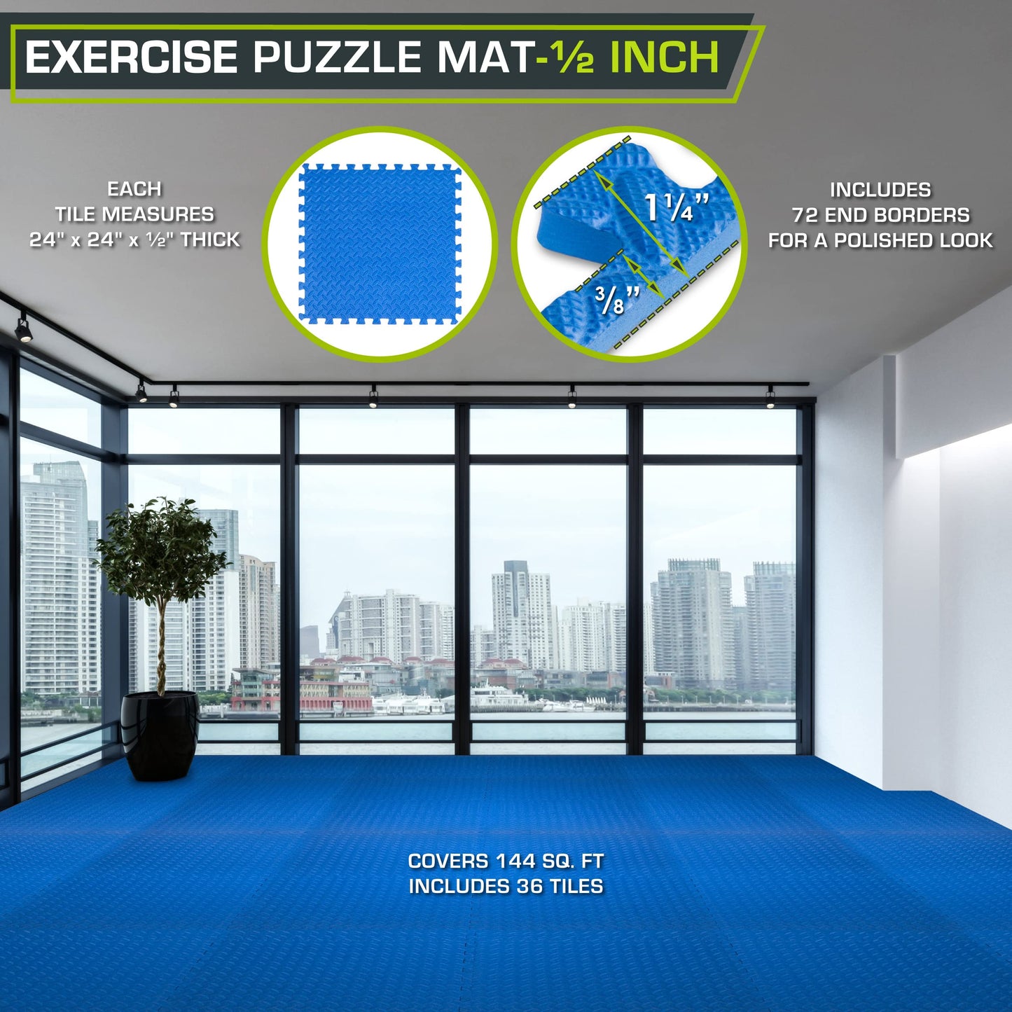 ProsourceFit Puzzle Exercise Mat ½ in, EVA Interlocking Foam Floor Tiles for Home Gym, Mat for Home Workout Equipment, Floor Padding for Kids, Blue, 24 in x 24 in x ½ in, 144 Sq Ft - 36 Tiles