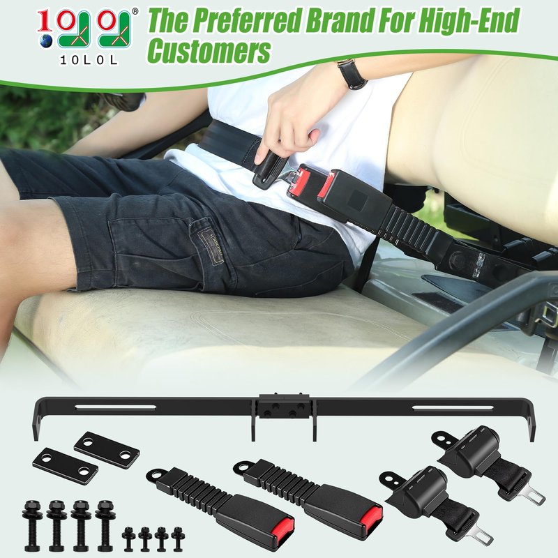 10L0L Universal Golf Cart Seat Belt Bracket Kit for 2 Passengers, Front Seat Retractable Seat Belts with Adjustable Mounting Bar, Fits EZGO TXT/RXV, Club Car DS, Yamaha Carts, Hardware Included