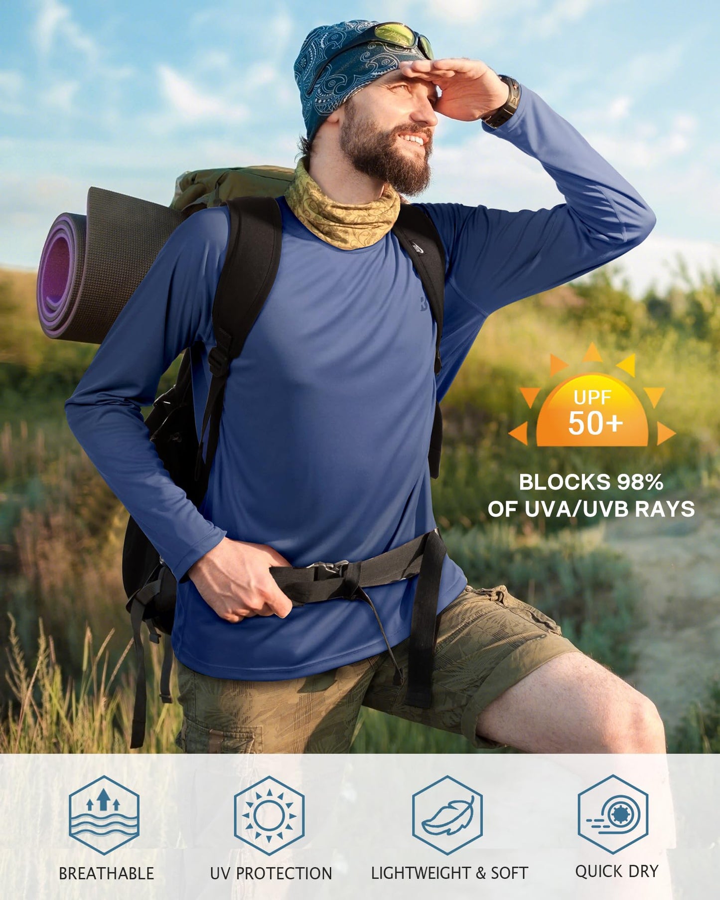 Roadbox Mens UPF 50+ Long Sleeve SPF Diving Rash Guard UV Sun Protection Shirts for Outdoor Fishing Hiking Swimming Running