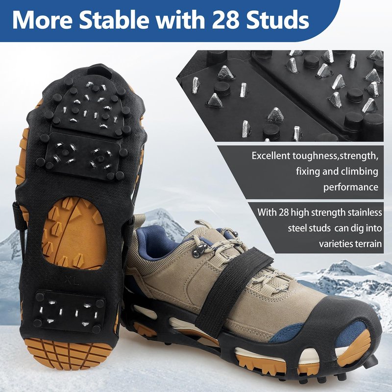 Ice Cleats, Crampons Ice Cleats for Shoes and Boots Men Women Kids, Anti Slip 28 Shoe Spikes for Snow and Ice, Non Slip Snow Cleats with Straps for Winter Walking Hiking Fishing