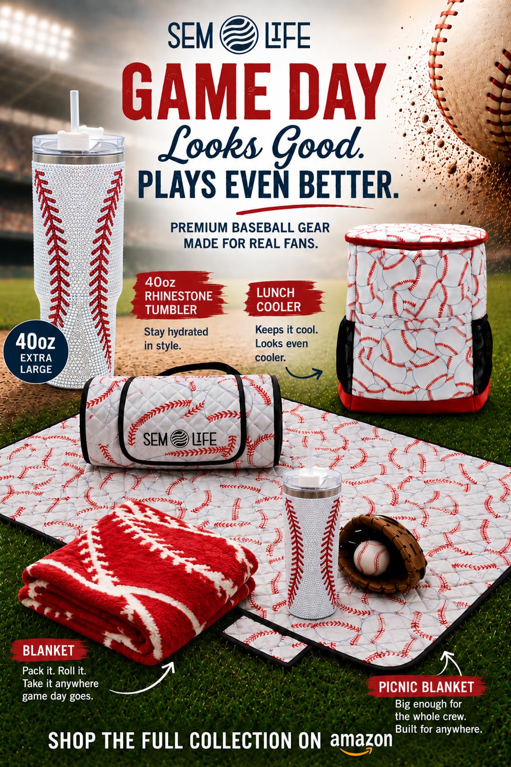 SEM LIFE Baseball Outdoor Stadium Blanket, Picnic Mat, X-Large 80 x 60 Inches, Reversible, Soft Fleece Lined, Baseball Games, Tournaments, Picnics, Gifts