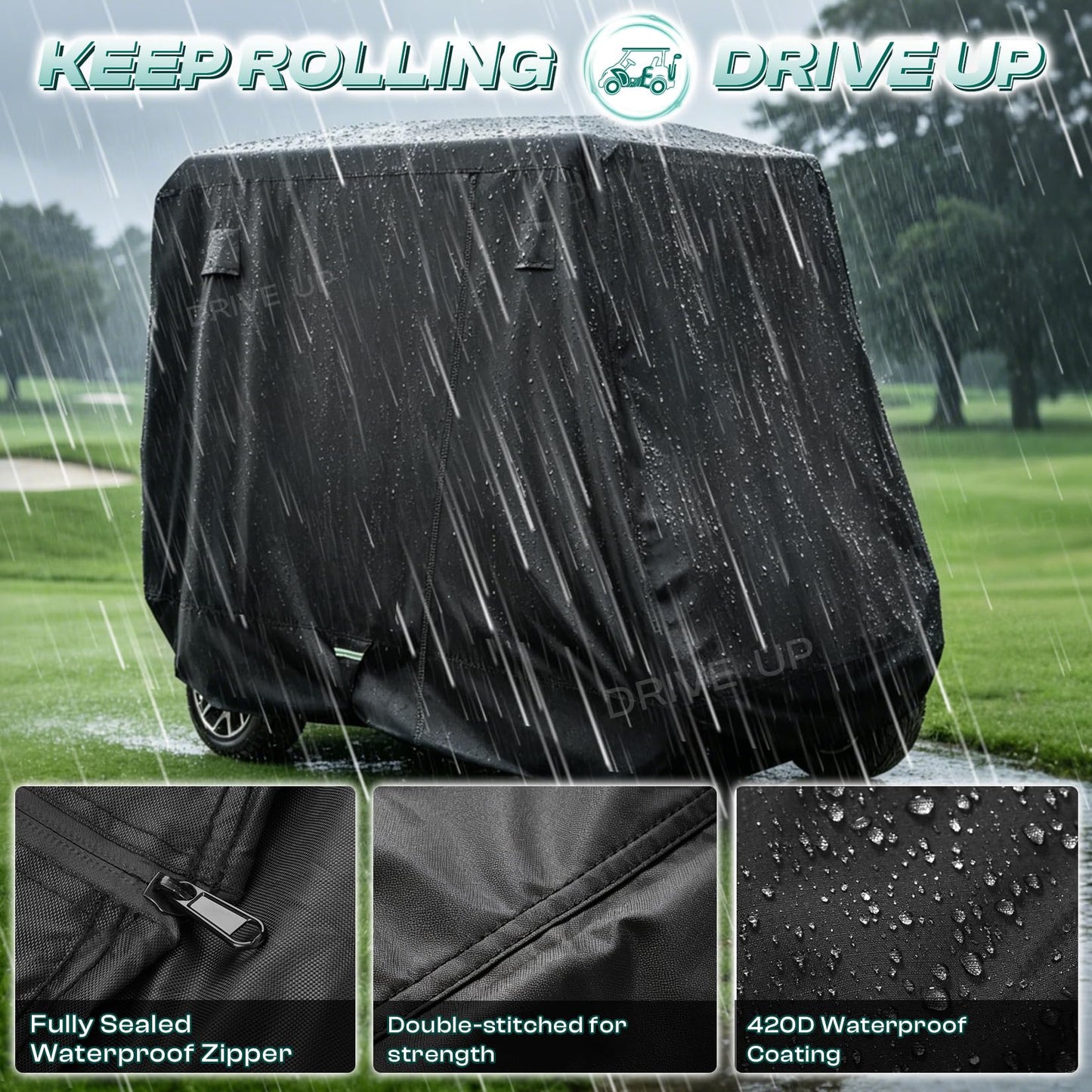 DRIVE UP Golf Cart Cover 2+2/4 Passenger, 420D Heavy Duty Oxford Golf Cart Cover with Three Zipper Doors and Windproof Adjustment Buckle, Waterproof Golf Cart Rain Cover for Most Yamaha EZGO Club Car