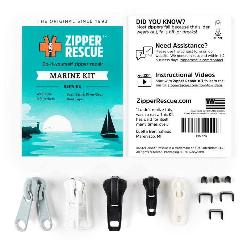 Zipper Rescue Marine Zipper Repair Kit - The Original Zipper Pull Replacement kit for Wetsuits, Boating, Surf Gear - Included 5 Sliders, 3 Bottom Stops, 3 Top Stops - Made in America Since 1993