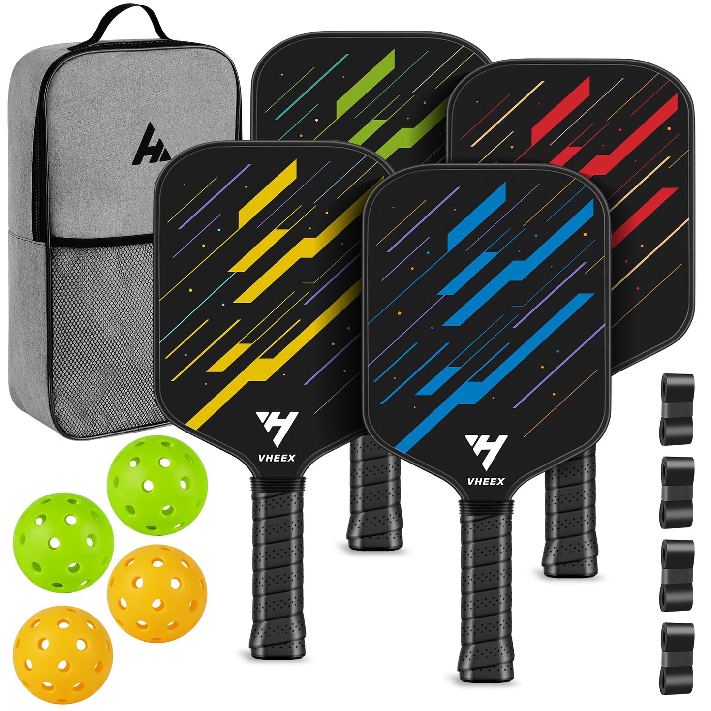 VHEEX Pickleball Paddles Set of 4, Carbon Fiber Pickle Ball Paddle Set, Lightweight Indoor Outdoor Play Rackets Equipment 4 Pack with 4 Balls & Bag Family Beginner Gift Men Women Kids Adult