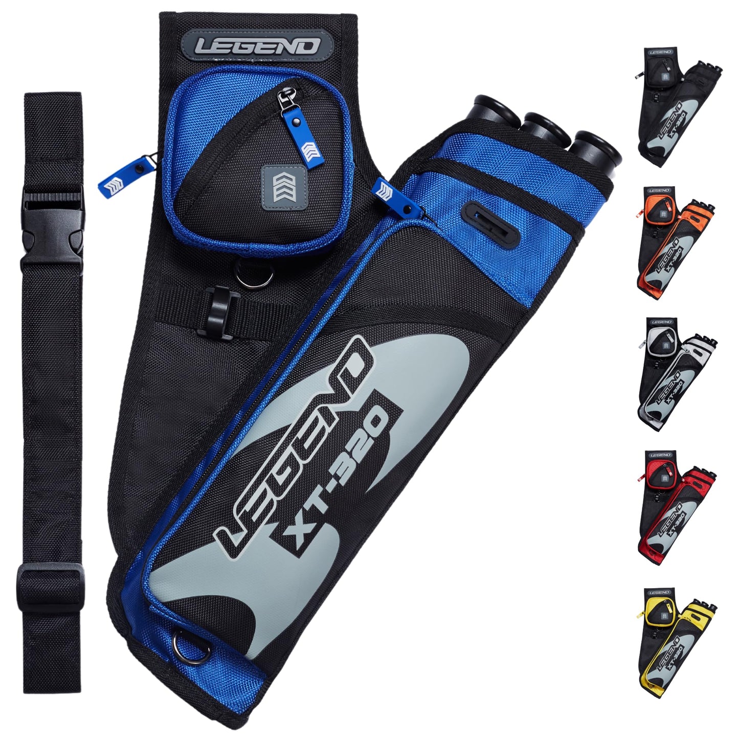 Legend XT320 Archery Quivers - Left Handed Nylon Hip Quivers with 3 Arrow Tube Cases for Target Shooting - Adjustable Waist Belt, T-Slot, Compartments for Accessories, Tools, Release Tab - Red