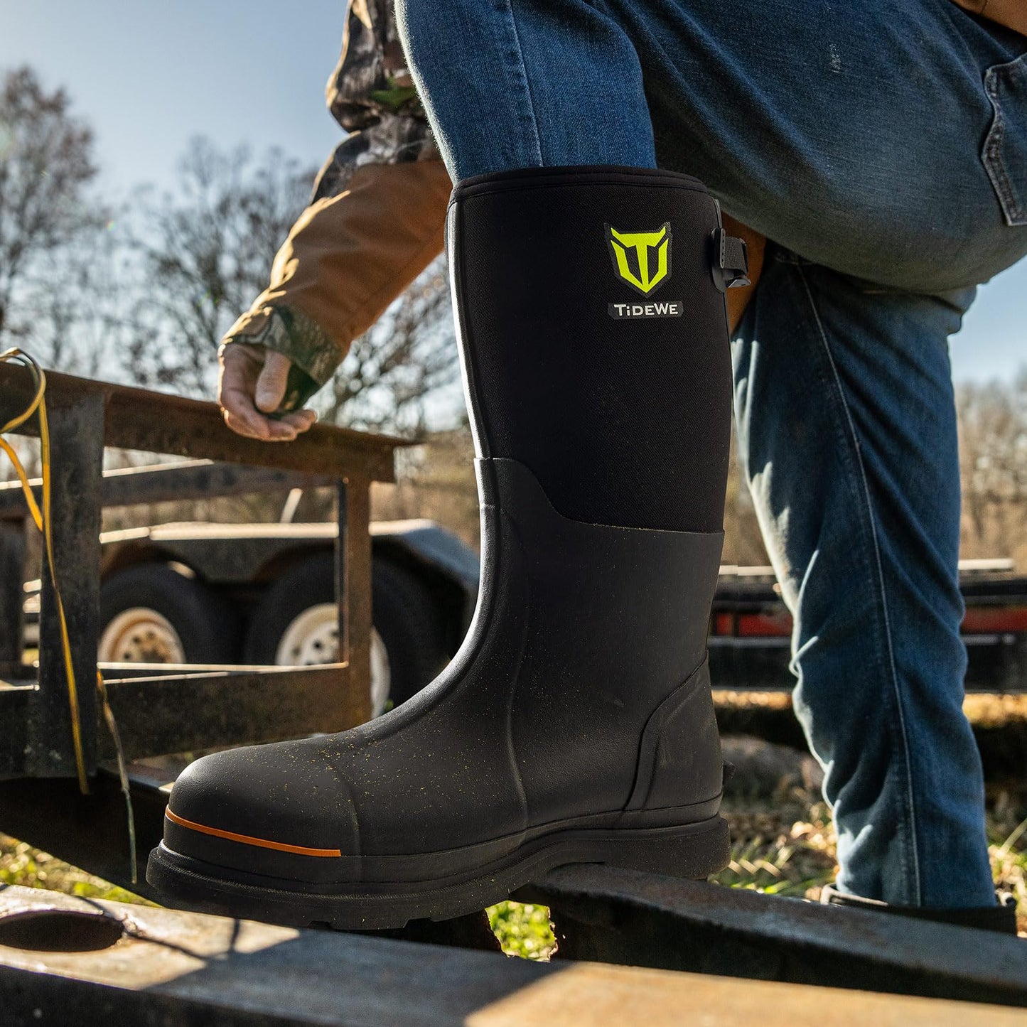 TIDEWE Rubber Work Boot for Men with Steel Toe & Shank, Waterproof Anti Slip Hunting Boot, 6mm Neoprene Hunting Boot for Manufacturing, Construction, Farming, Black, Size 8