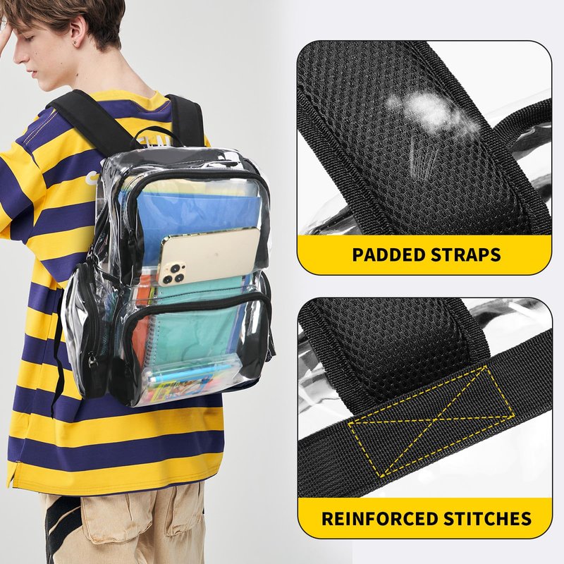 Vorspack Clear Backpack Heavy Duty - Extra Large Transparent Bookbag with Reinforced Bottom See Through Bag for College Workplace Security - Black