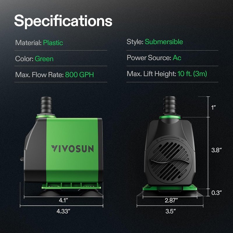 VIVOSUN Submersible Water Pump - 800GPH Ultra Quiet with 10ft Lift | 3 Nozzles for Aquarium & Pond