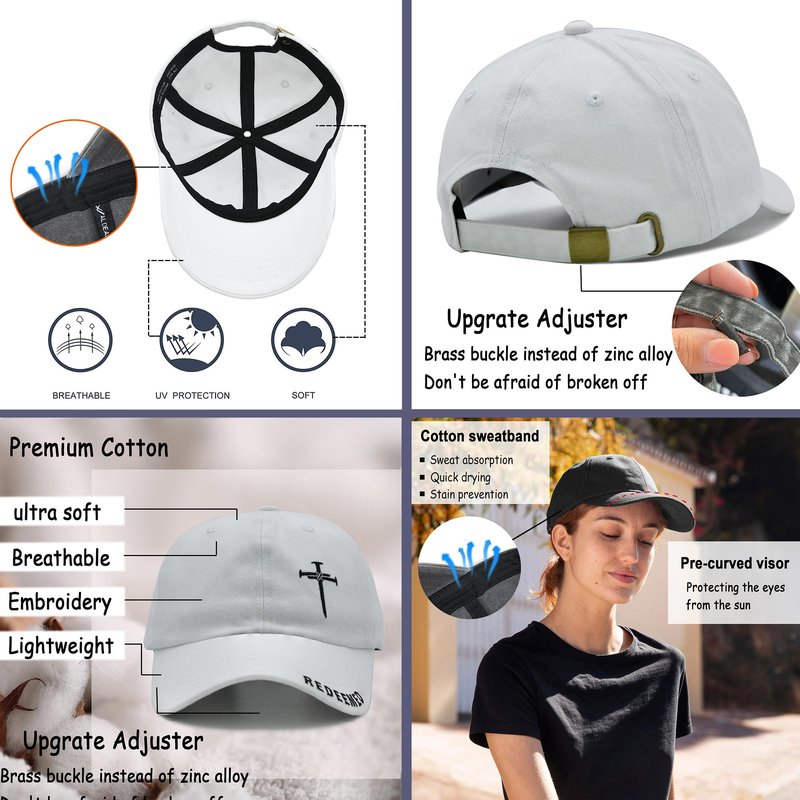 Christian Hats for Men Women, Cross Jesus Hat, Religious Gifts Redeemed Baseball Cap White