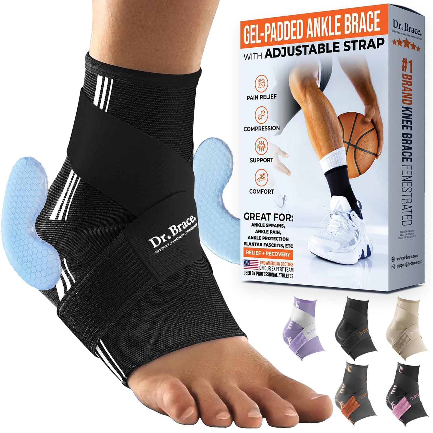 DR. BRACE® Elite Ankle Brace with Adjustable Strap and 2X Gel Pad For Ankle Support and Pain Relief, Ankle Brace For Sprained Ankle, Plantar Fasciitis, Ankle Pain (Black-White, X-Large)