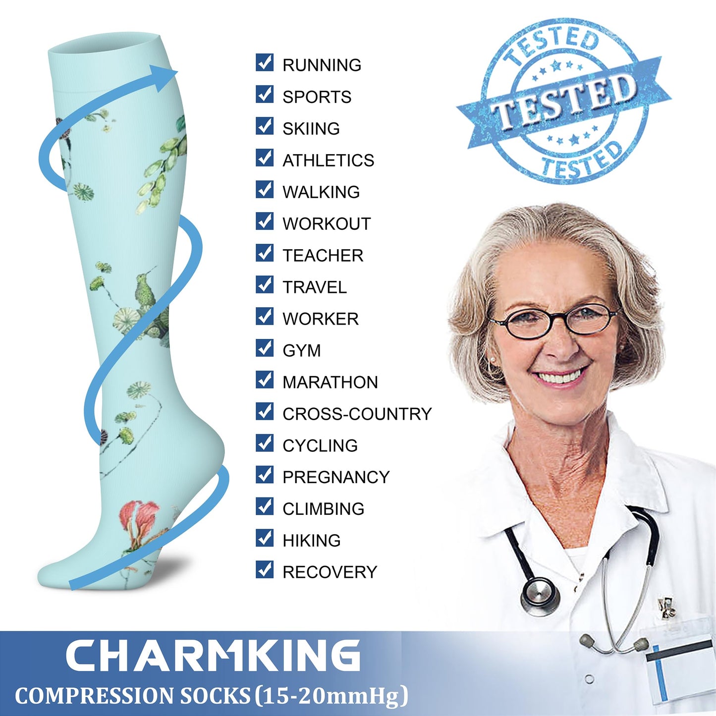 CHARMKING Compression Socks for Women & Men Circulation (8 Pairs) 15-20 mmHg is Best Support for Athletic Running, Cycling (L/XL, Multi 62)