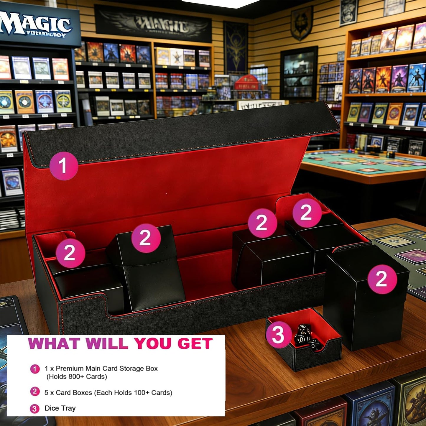 Scimi Premium Trading Card Storage Case with 5 Individual Deck Cases, Large MTG Commander Deck Box Holds 1800+ Cards, PU Leather Organizer for TCG & Sports Card Collections (Black & Red)