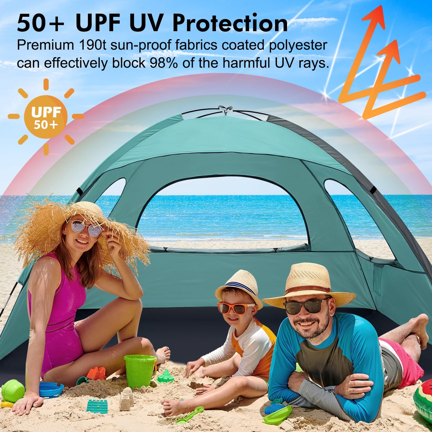 WhiteFang Beach Tent Anti-UV Portable Sun Shade Shelter for 3 Person, Extendable Floor with 3 Ventilating Mesh Windows Plus Carrying Bag, Stakes and Guy Lines (Beach Glass)