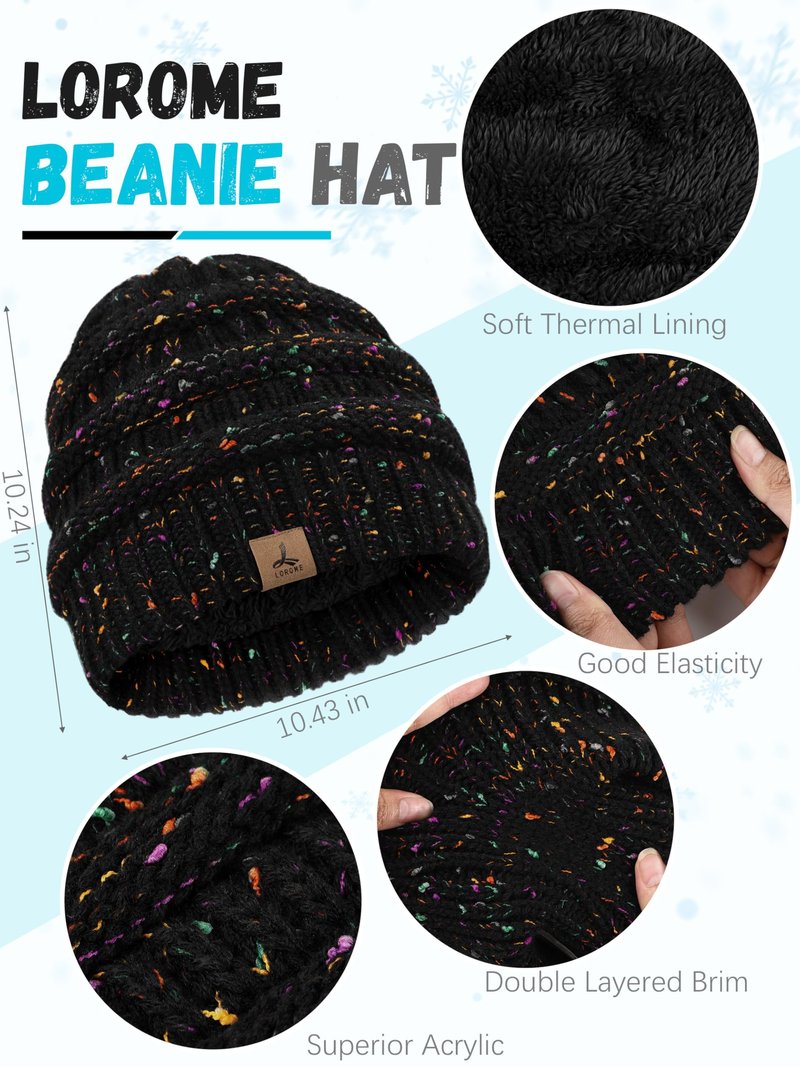 Winter Beanie Hat Scarf Gloves, Black Variegated Color Warm Fleece Knit Hats Touch Screen Gloves Neck Scarf Set