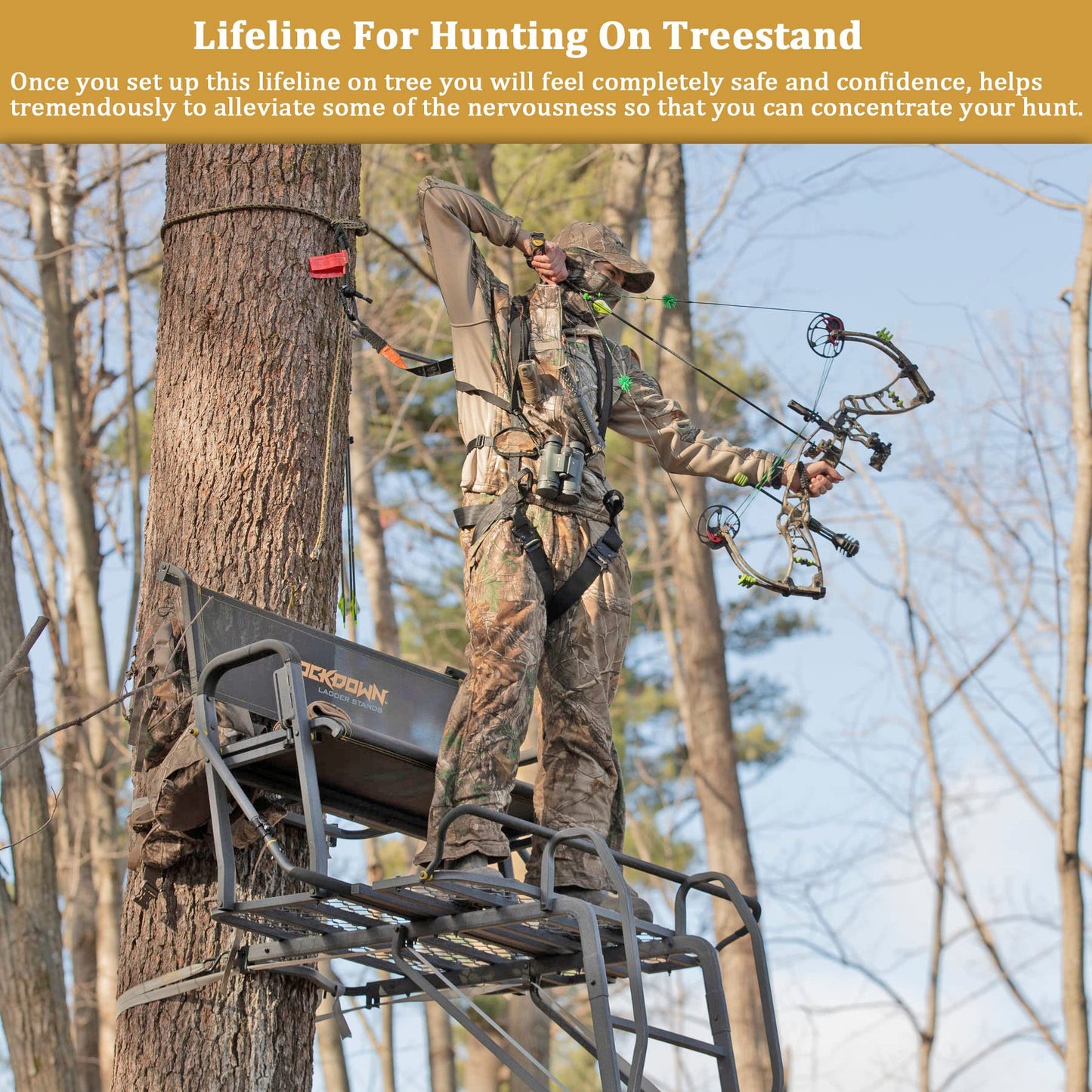 Huntury 3Pcs Treestand Safety Rope, Linemans Ropes for Hunting, Tree Stand Safety Line, Tree Tether Ropes, Life Lines for Tree Stands Hunting(10 feet)