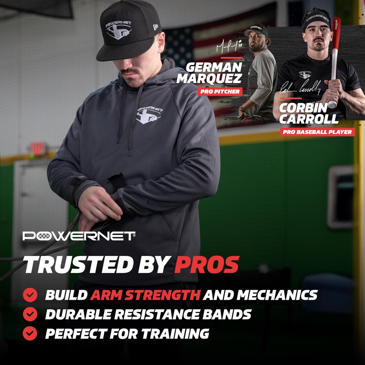 PowerNet Resistance Bands, Baseball Softball Strength and Conditioning PowerBands, Portable Pitching Warm Up Exercise Bands, Rehab Throwing Injuries, Attach to Any Fence or Pole (Black|Advanced)
