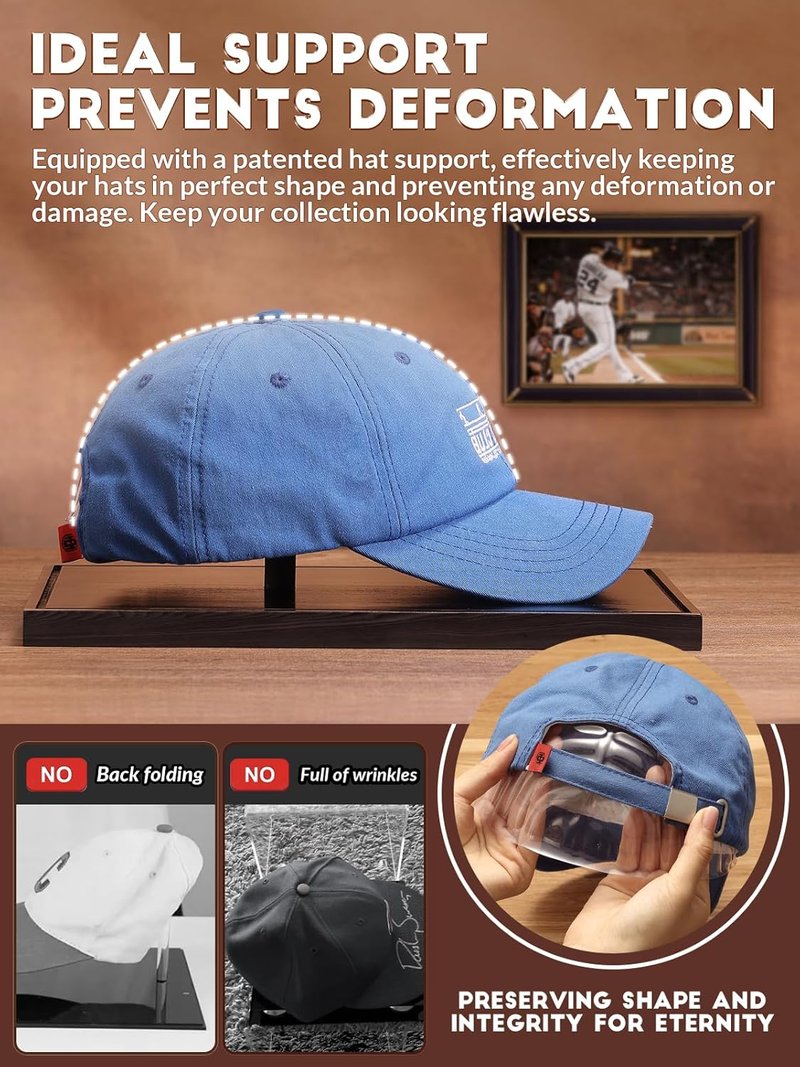 Acrylic Baseball Cap Display Case - Clear UV Protection Showcase with Solid Wood Base & Hat Shaper | Ideal Gift for Collectors, Black