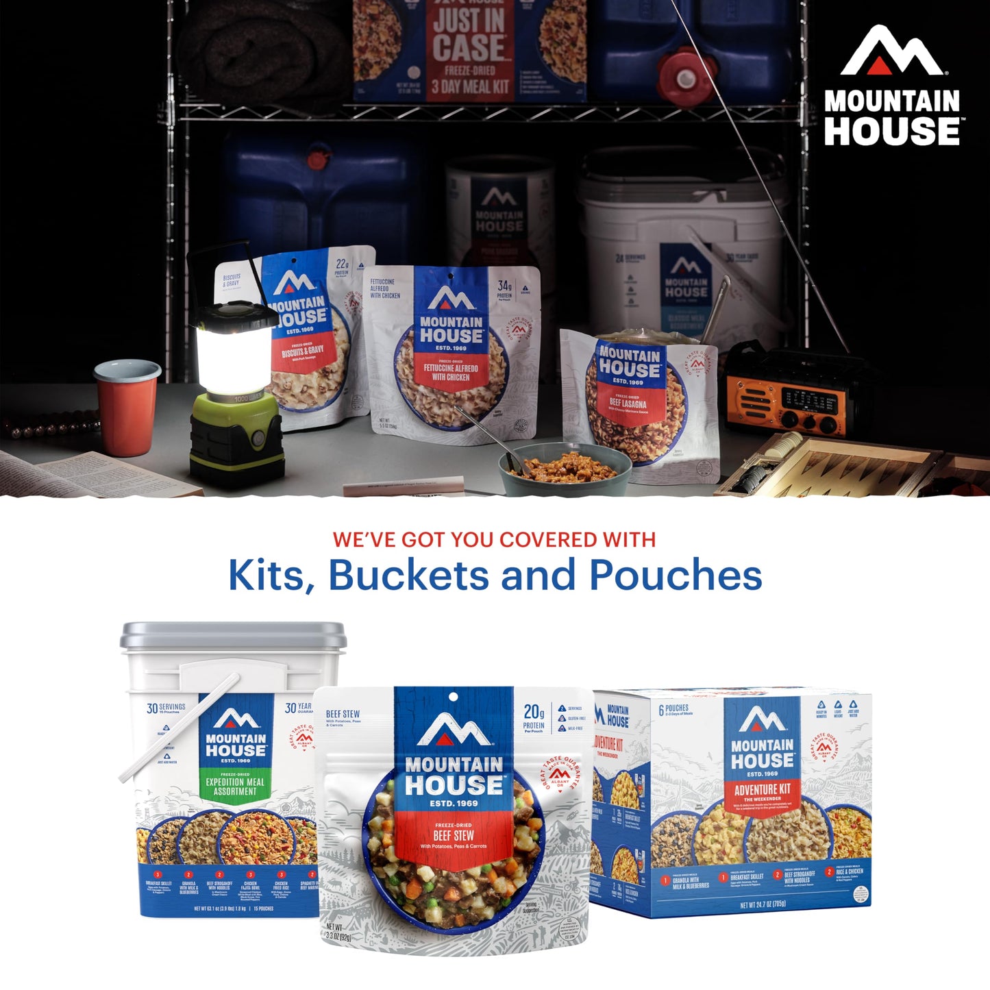 Mountain House Essential Meal Assortment Bucket | Freeze Dried Backpacking & Camping Food | 22 Servings | Gluten-Free