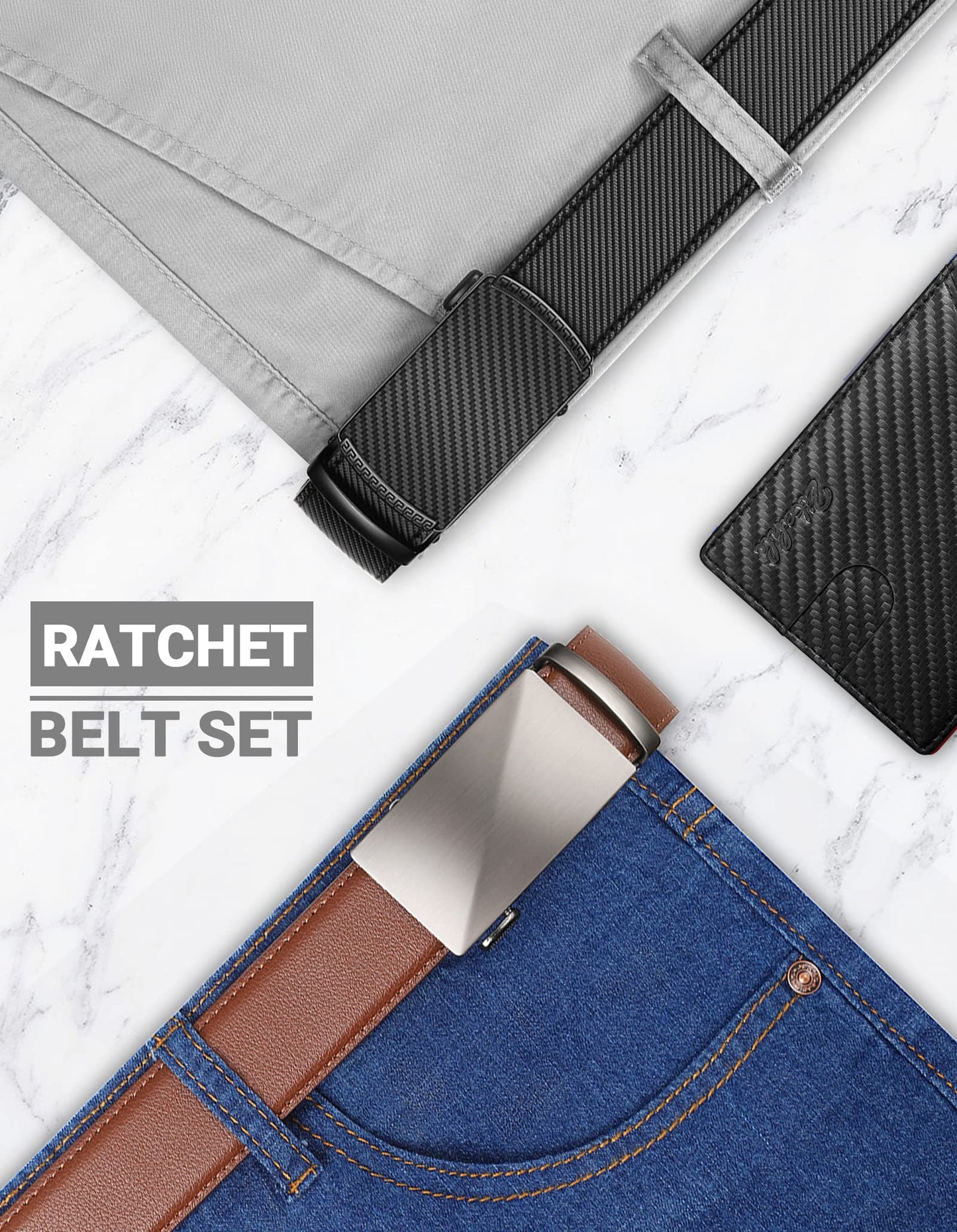 Zitahli Ratchet Belt for Men - 2 Packs Leather Mens belt For Gift Men Dress and Casual,Trim to Fit Size 34"-40"