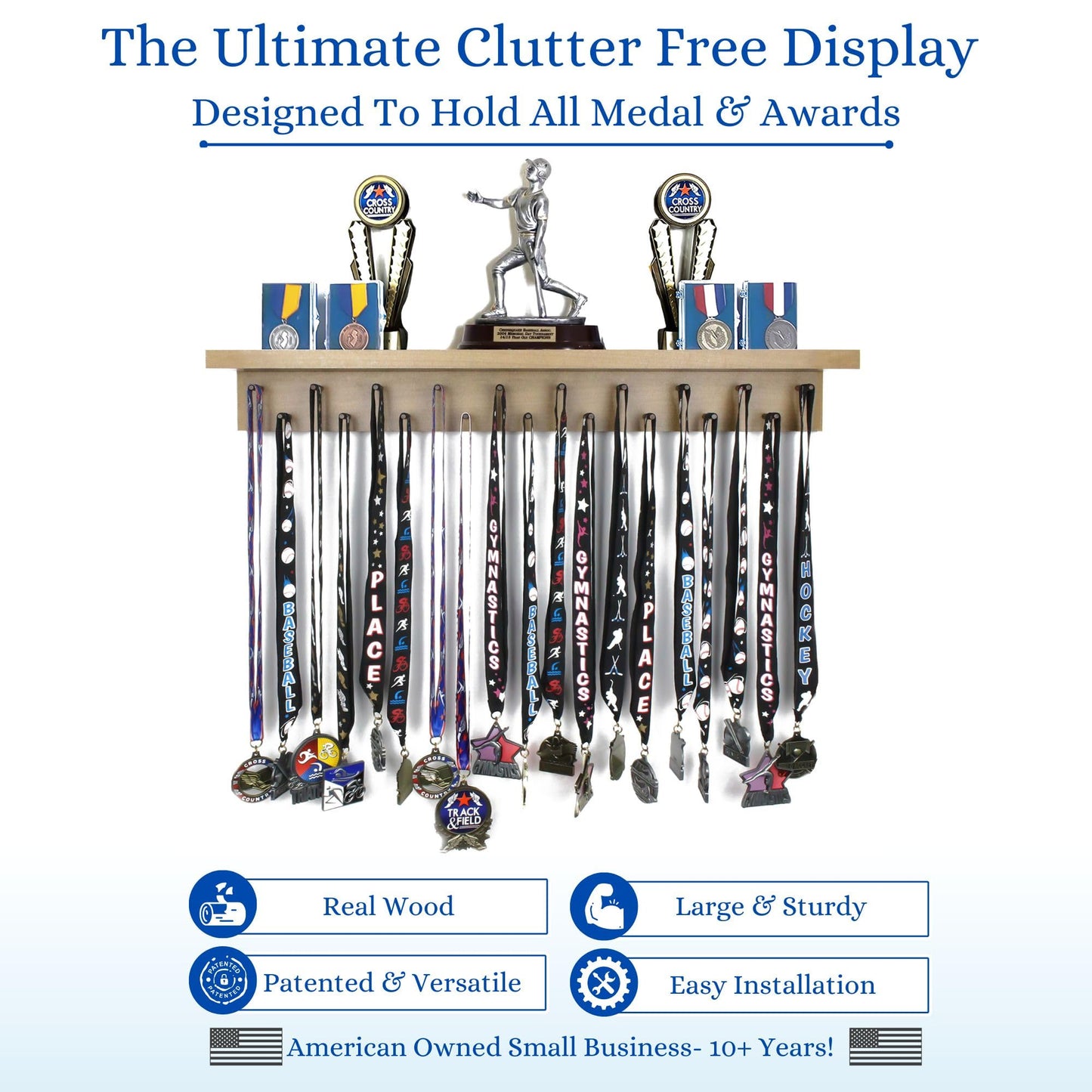 2ft- Medal Awards Rack- Premier Medal Hanger Display and Trophy Shelf - Multi-Purpose Trophy and Medal Holder for Medal Display, Plaques, Pictures, Trophies and more Solid Wood