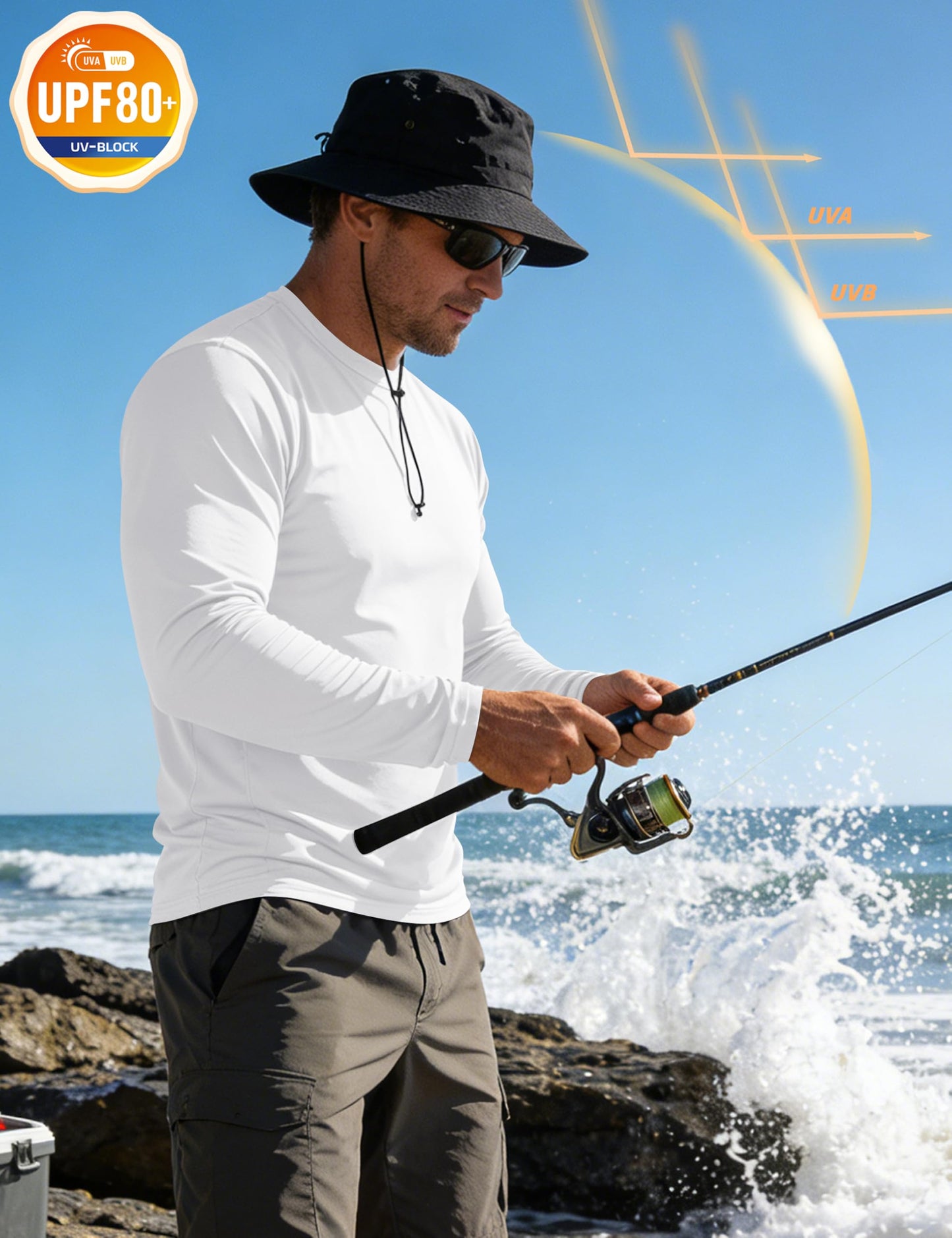 KEFITEVD Men's Sun Protection Shirts UV UPF 80+ Long Sleeve Rash Guard Fishing Hiking Running Quick Dry White L