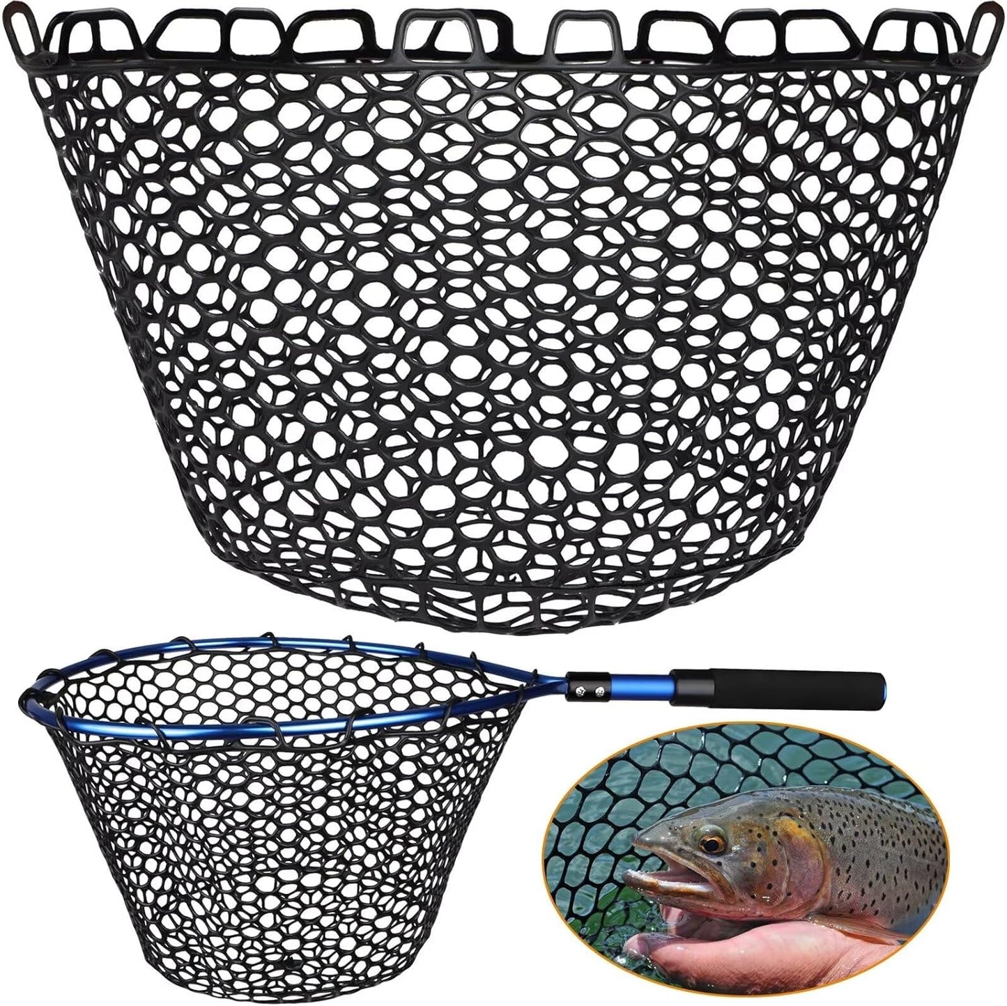 Rubber Fishing Net Replacement - Clear & Black Foldable Landing Net for Freshwater & Saltwater | 5 Sizes Available