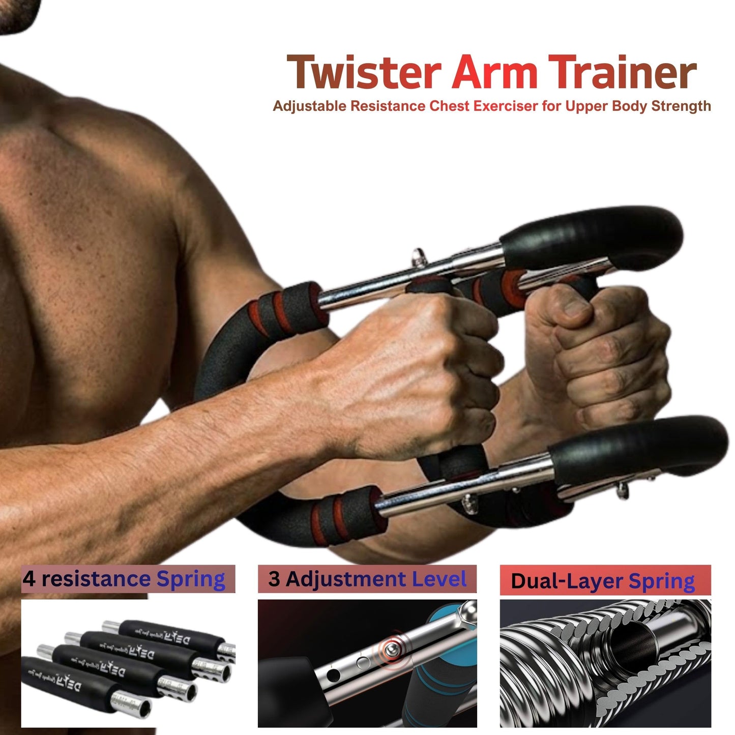 DEFY Adjustable Arm Twister Trainer (30-110 Lbs) with 4 Steel Springs & 3 Resistance Levels – Portable Chest Expander for Biceps, Shoulders, and Upper Body Fitness (Blue)