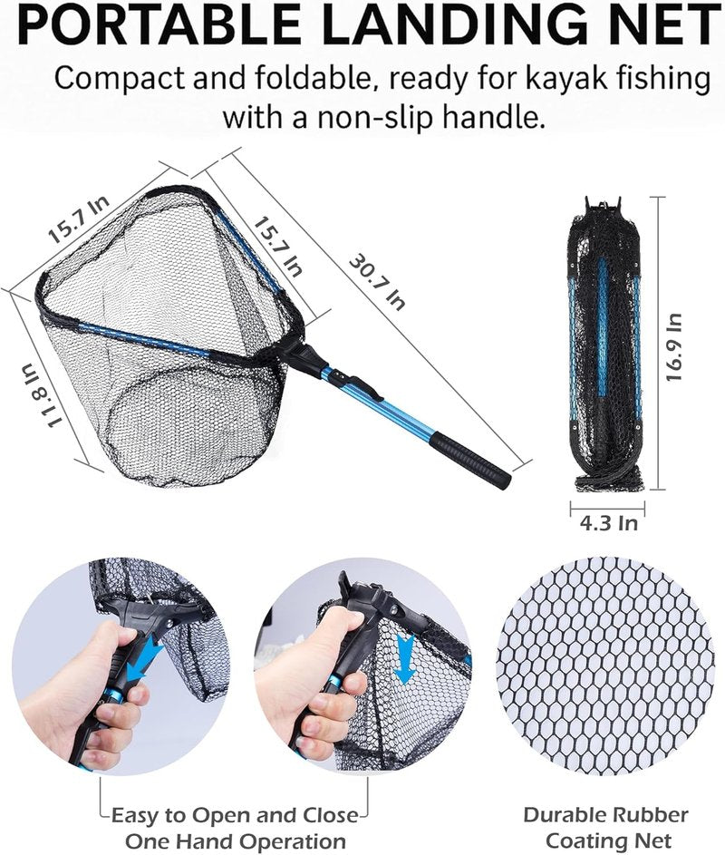 Foldable Kayak Landing Net - 4-Piece Fishing Tool Kit with Pliers, Fish Gripper & Hook Remover | Freshwater & Saltwater Use