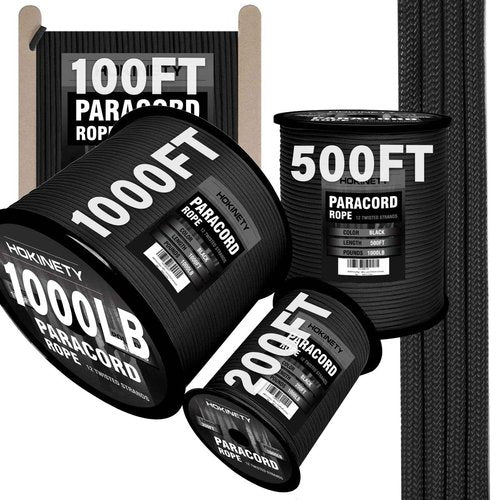 1000Ib Paracord Rope - 100ft / 200ft / 500ft / 1000ft 4mm,12 Strand Parachute Spool Cord para Cord Lanyard for Clothsline, Fishing, Bracelet - Black 1000FT