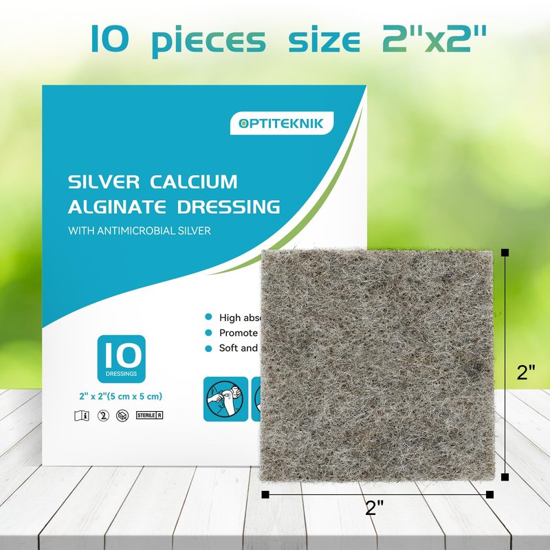 OPTITEKNIK Ag Silver Calcium Alginate Wound Dressing Pads 2"x2" Pack of 10, Soft Silver Dressings for Wound Care, Gentle Highly Absorbent Dressing, Non Stick Gauze Pads for Wounds