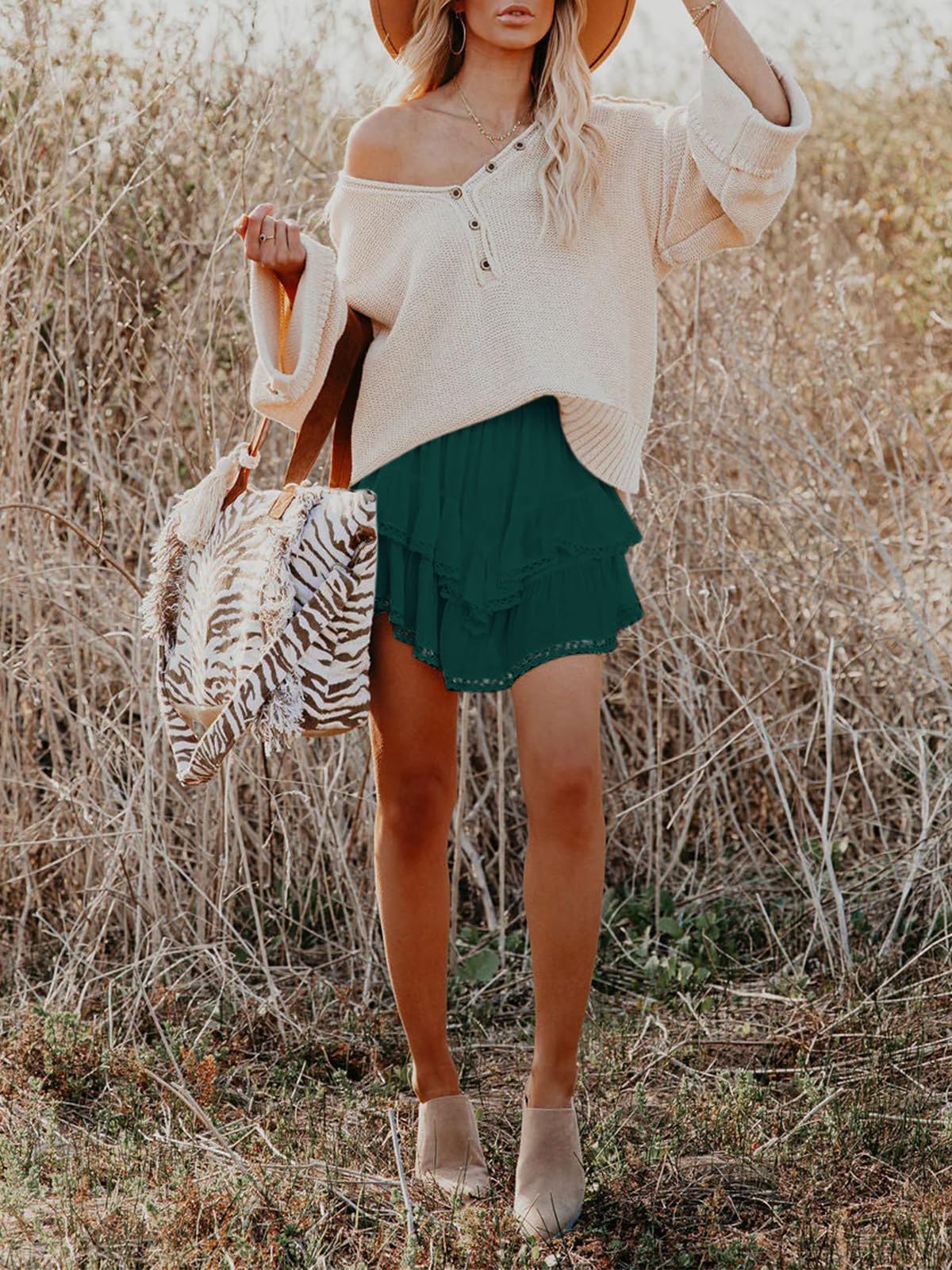 Aoudery Flowy Shorts for Women Casual Boho Ruffle Tiered Skorts High Waist Mini Skirts Golf Tennis Butterfly Crochet Shorts - Dark Green M