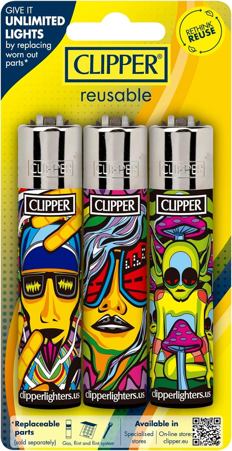 Classic Large Reusable Lighter - Premium Refillable Butane Lighters | 12 Pack Assorted Designs