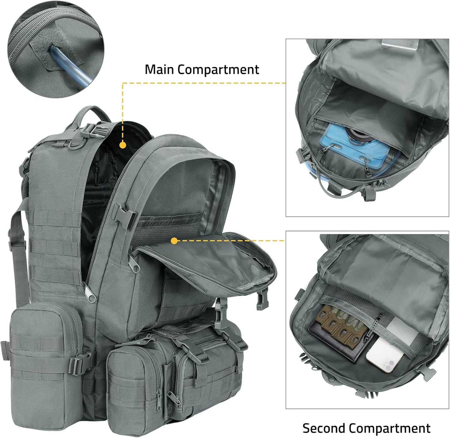 Tactical Backpack - 60L Military Army Rucksack with Detachable Molle System | Grey