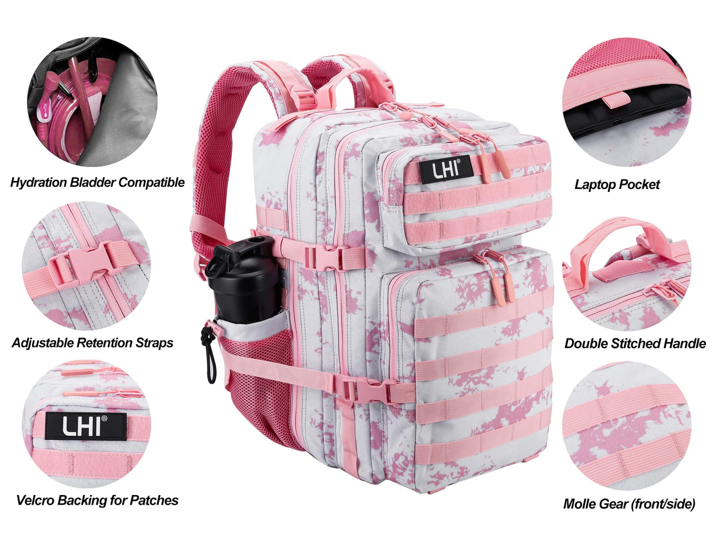 LHI Military Tactical Backpack for Men and Women 45L Army 3 Days Assault Pack Bag Large Rucksack with Molle System - Pink Tie-Dye