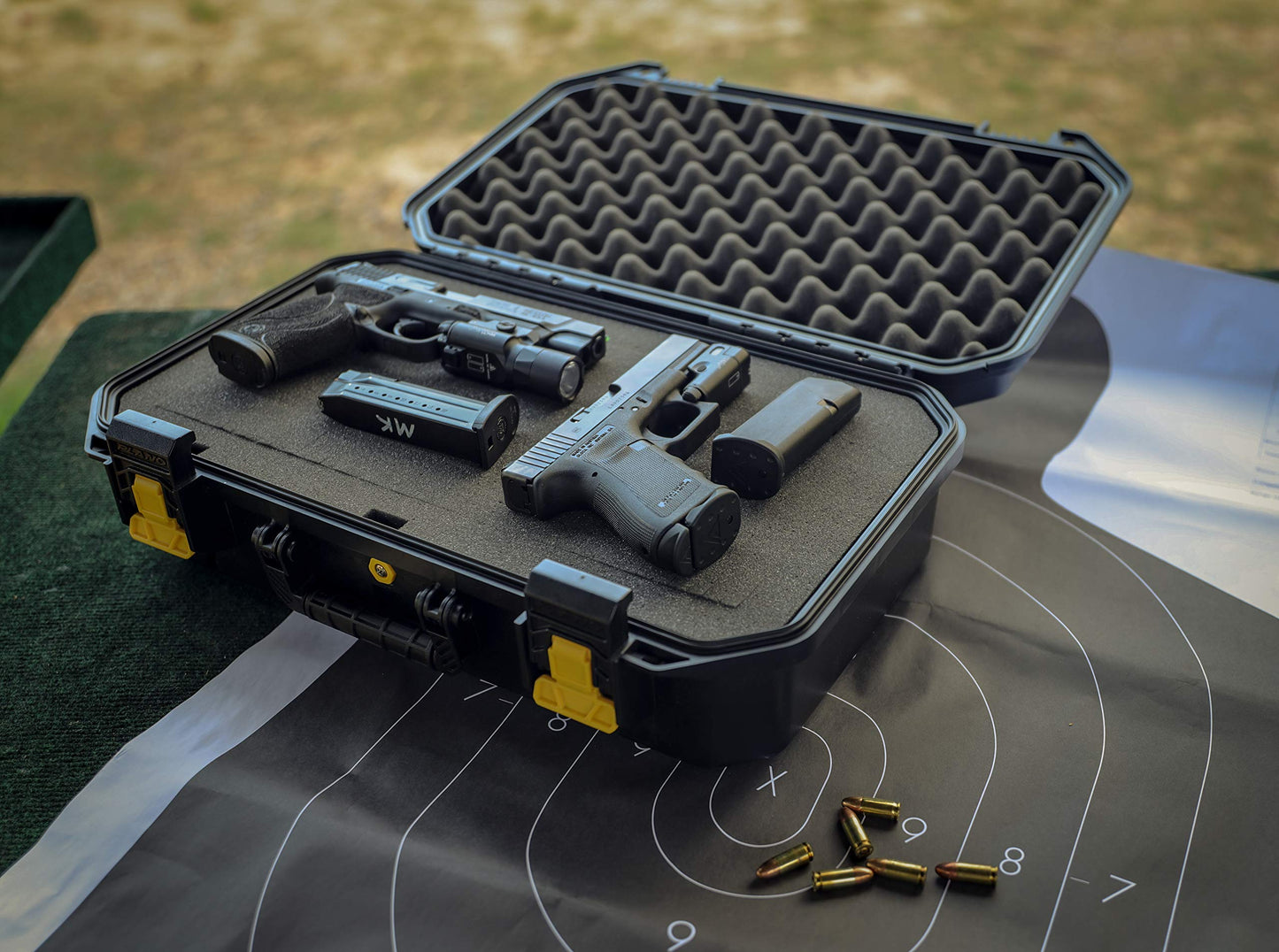 Plano All-Weather Four Pistol Case Watertight & Dust-Proof Gun Case for Two Pistols; High Density Pluck Foam, Black; Continuous Dri-Loc Seal