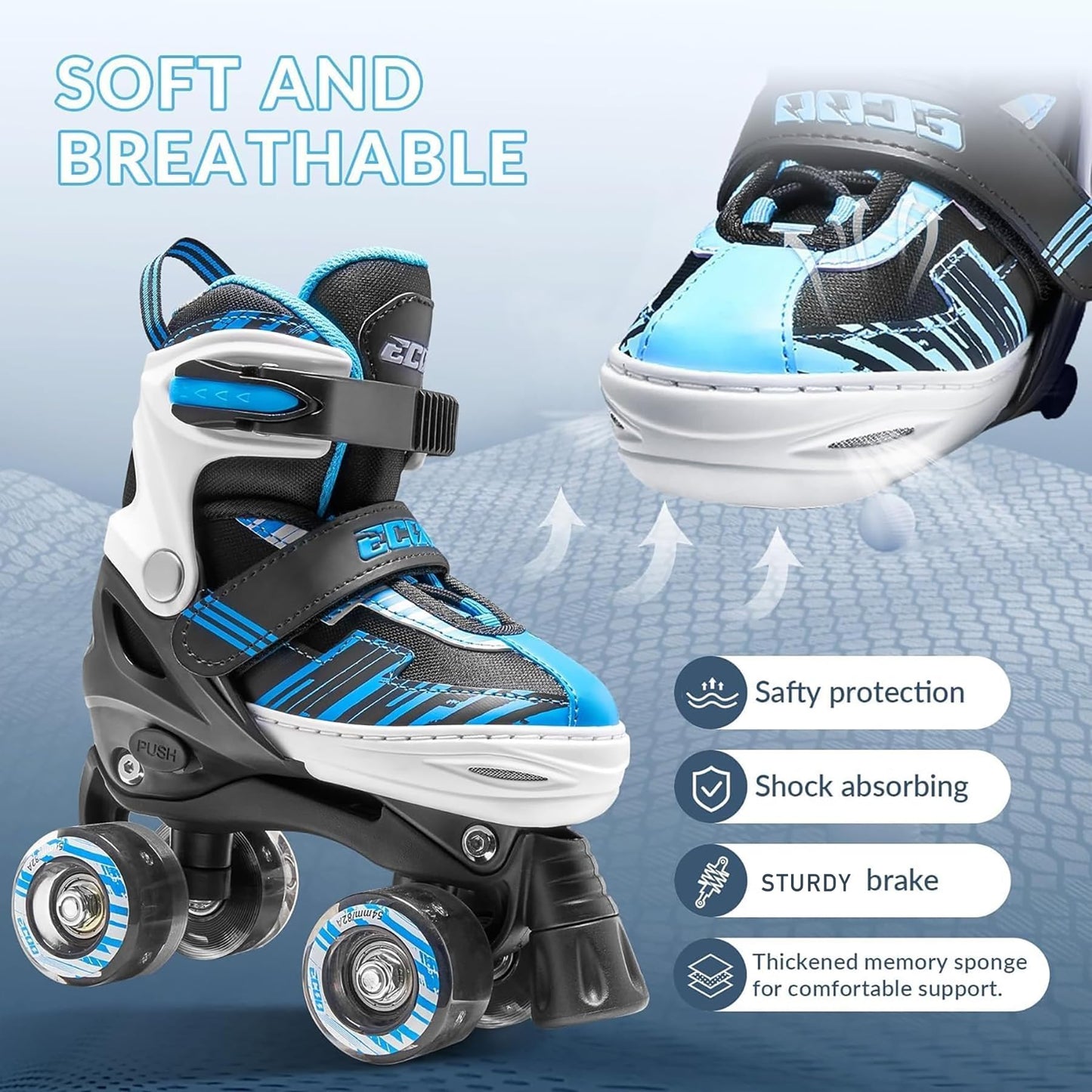 ECOO Roller Skates for Girls Boys Ages 4-12, Toddler Kids 4 Size Adjustable Light up Wheels Beginner Skates (Blue, Medium-Big Kids（13j-3 US）)