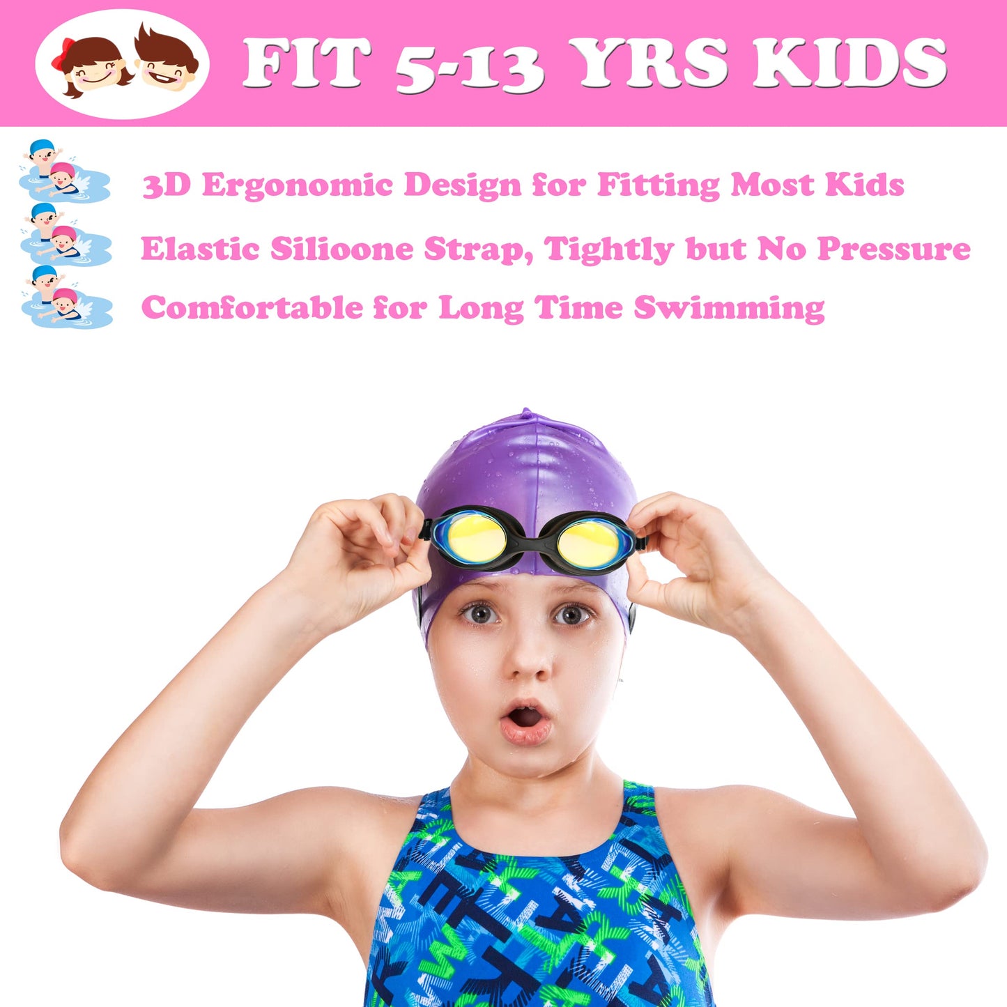 EWPJDK Kids Swim Goggles - 2 Pack Swimming Goggles Anti Fog Anti-UV No Leaking For Children Teens Boys & Girls Age 3-15 (Black & Pink)