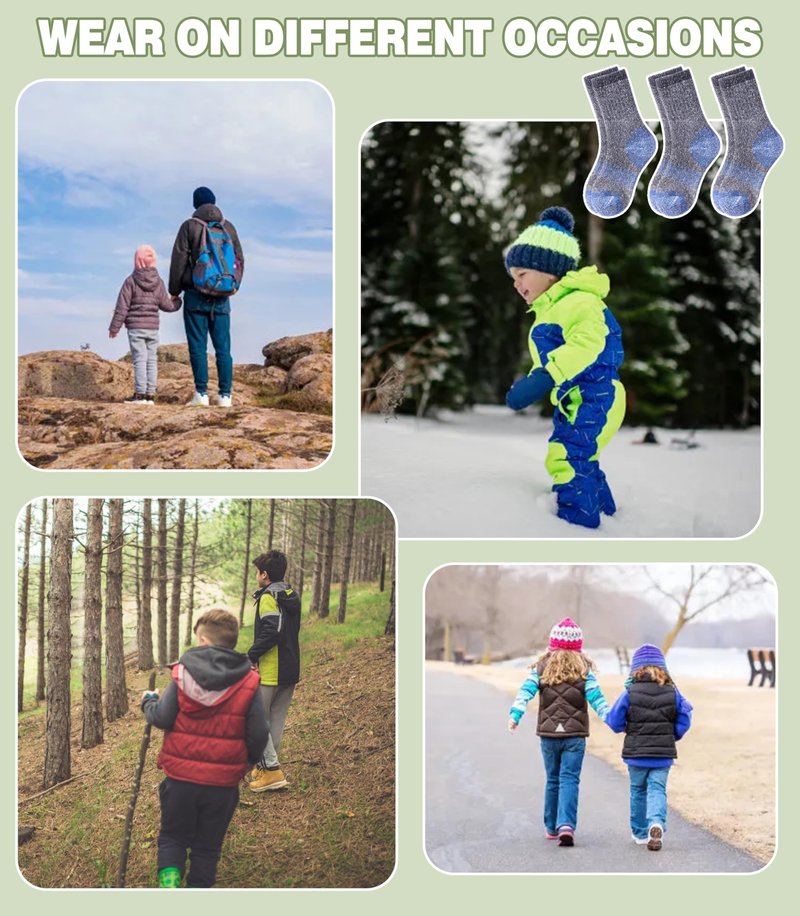LANLEO Kids Merino Wool Hiking Socks Boys Girls Winter Thermal Warm Thick Cozy Cushion Boot Crew Socks 3 Pairs Hiking Socks Blue,4-7 Year Old