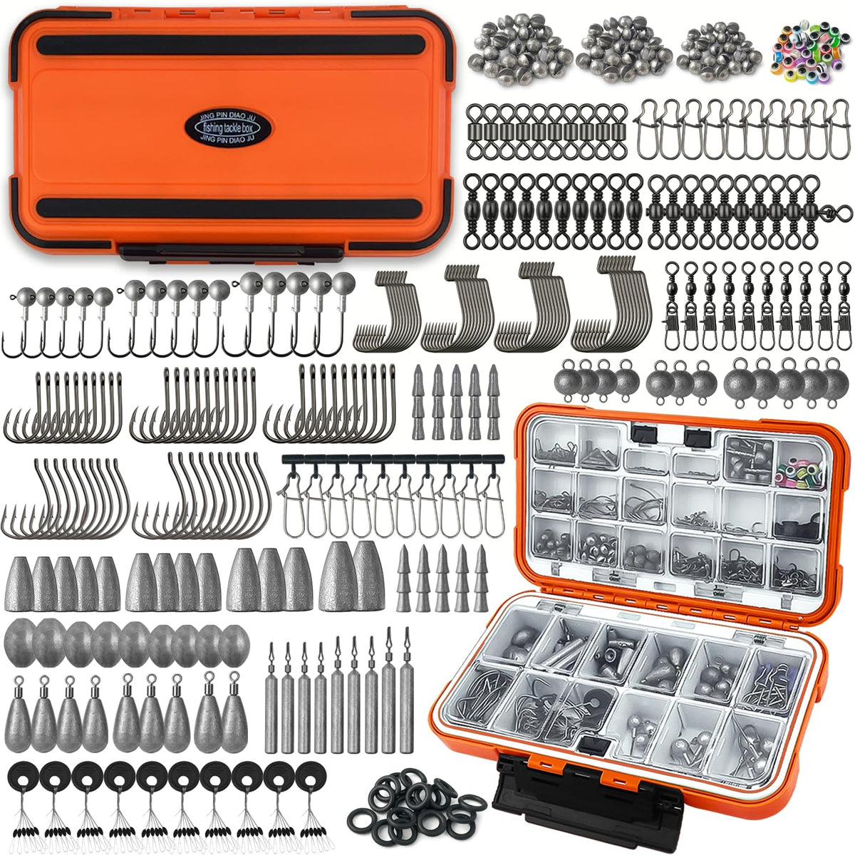 Vipfish Fishing Tackle Kit with Box – 423pcs Complete Terminal Tackle Assortment, Hooks, Sinkers & Swivels, Beads & Bobber Stops for Freshwater Bass & Trout (Orange-423PCS)