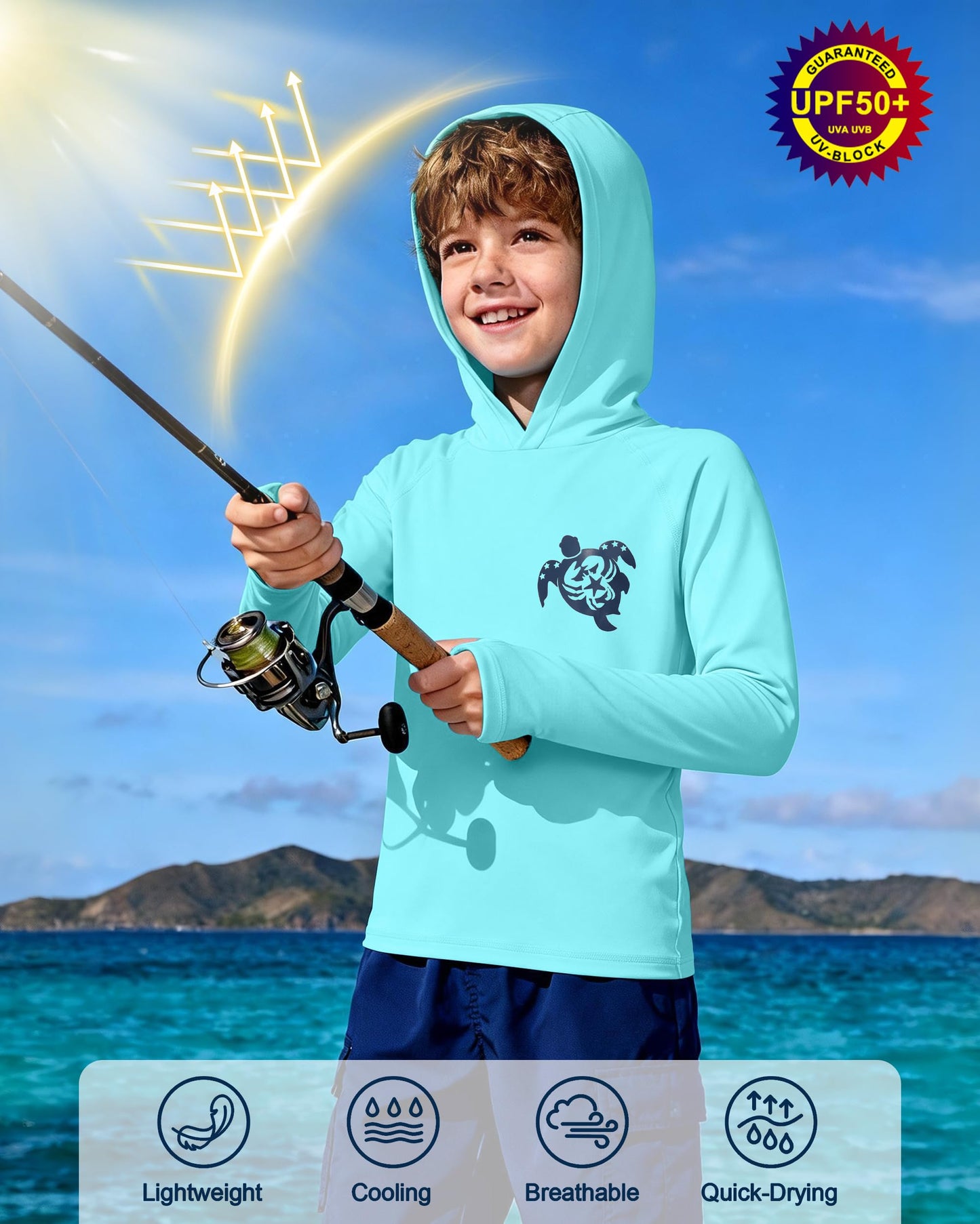 DRONIRING Boys Rash Guard Swim Hoodie, UPF 50+ UV Sun Protection Long Sleeve Fishing Shirt, Kids Youth SPF Water Shirts