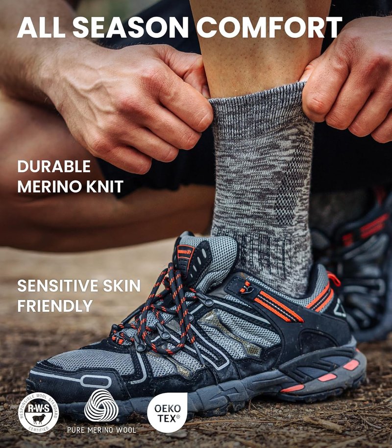 Merino Wool Hiking Socks for Men & Women - Comfortable Crew Style, Breathable & Warm