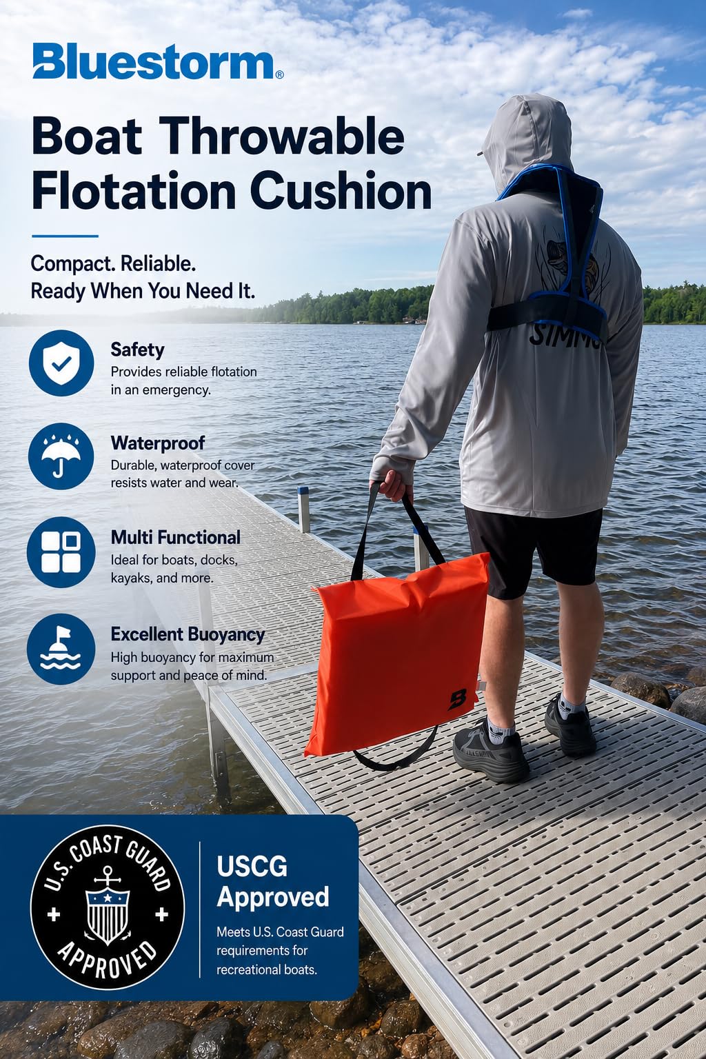 BLUESTORM Throwable Cushion | US Coast Guard (USCG) Approved Type 4 Basic Foam Cushion Preserver (White)