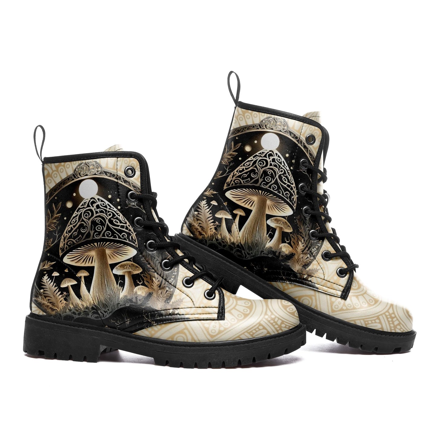 Women's Mid-Calf Combat Boots Leather Lace-Up Booties with Artistic Mushroom and Floral Patterns for Hiking,Daily Wear