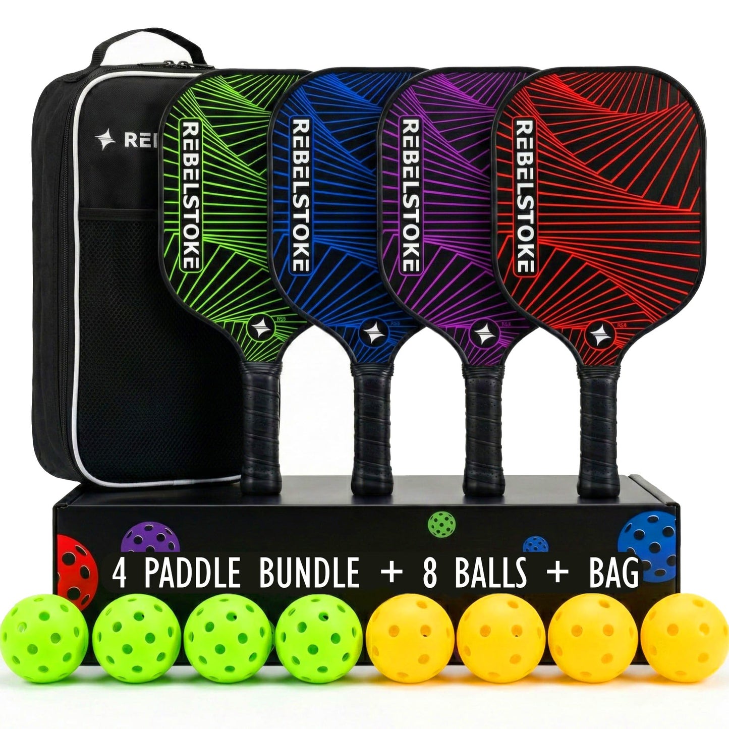 REBELSTOKE Pickleball Paddles Set of 4 – Premium Fiberglass Paddle Set with 14mm Polypropylene Honeycomb Core – Complete Bundle with 8 Indoor/Outdoor Balls & Carry Bag – for Beginners to Advanced