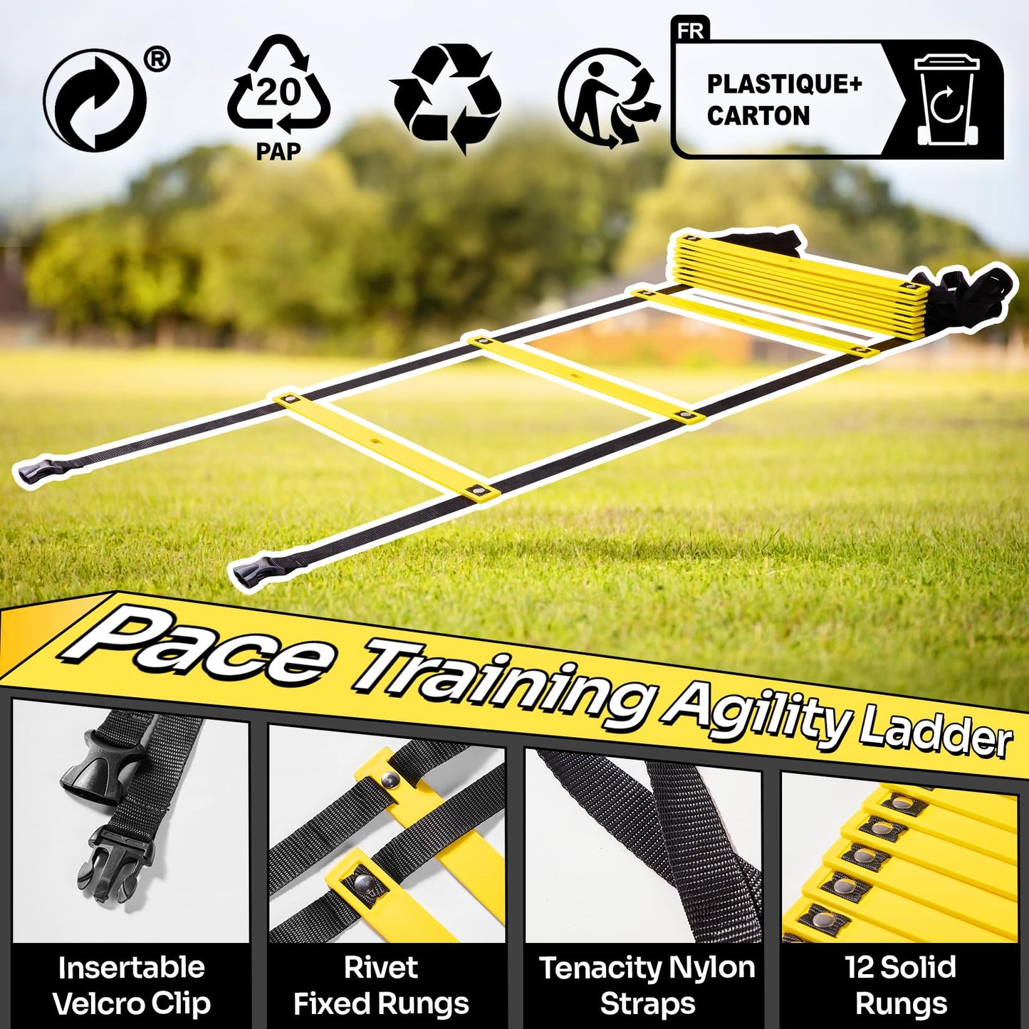 Dimples Excel Agility Ladder 12 Rung 20 FT Speed Training Ladder (Yellow)