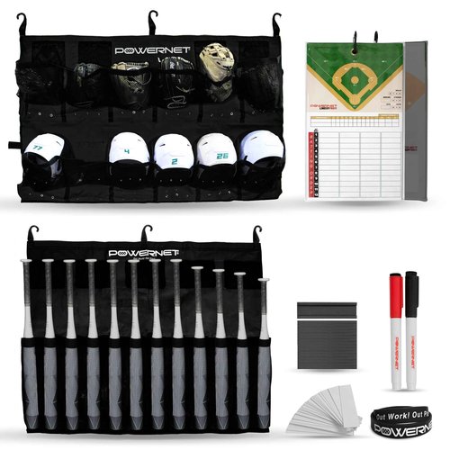 PowerNet Ultimate Coaching Team Bundle, Dugout Organizer for Baseball & Softball, Team Equipment Organizer, Hanging Bat Bag & Baseball Glove Helmet Holder, Dry Erase Magnetic Lineup Board (Black)