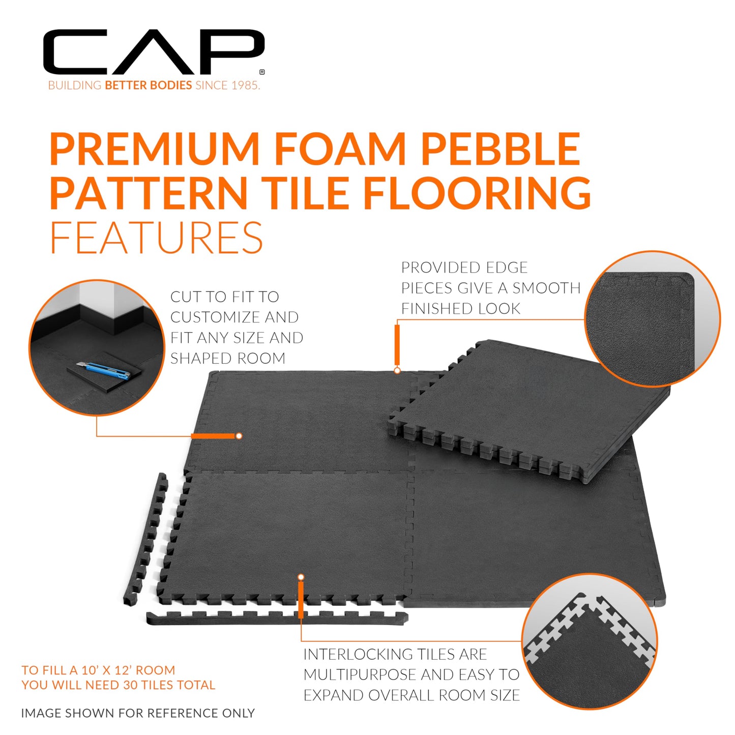 CAP Barbell 3/4-Inch Interlocking EVA Foam Exercise Puzzle Mat Home Gym Flooring - 4 Pack | 24" x 24" x 3/4" | Pebble Pattern - Black